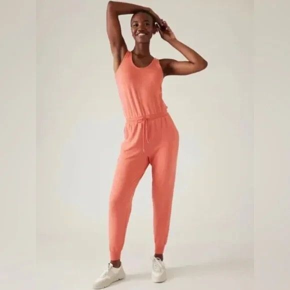 NWT Athleta Balance Soft Tencel Sleeveless Jumpsuit Persimmon M Coral Travel - Picture 1 of 10